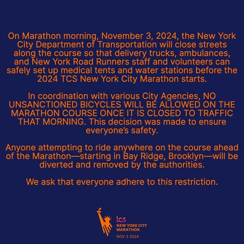 NYRR Rules, posted on their website and on social platforms, stated that no bikes were allowed